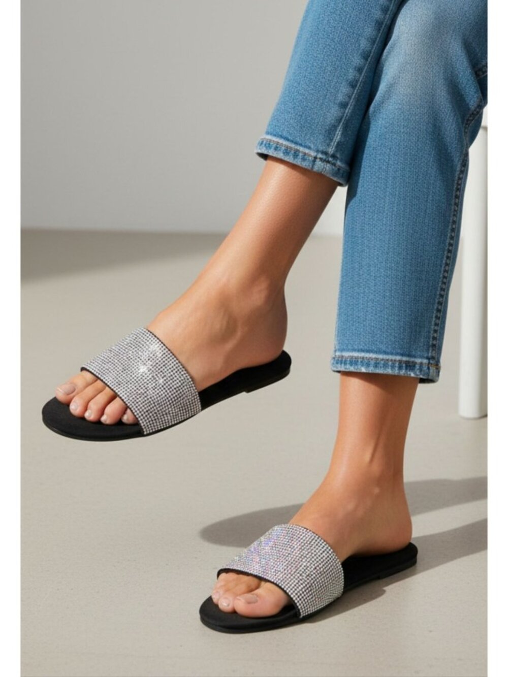Shoe Republic LA Rhinestone Embellished Slide Sandals Black